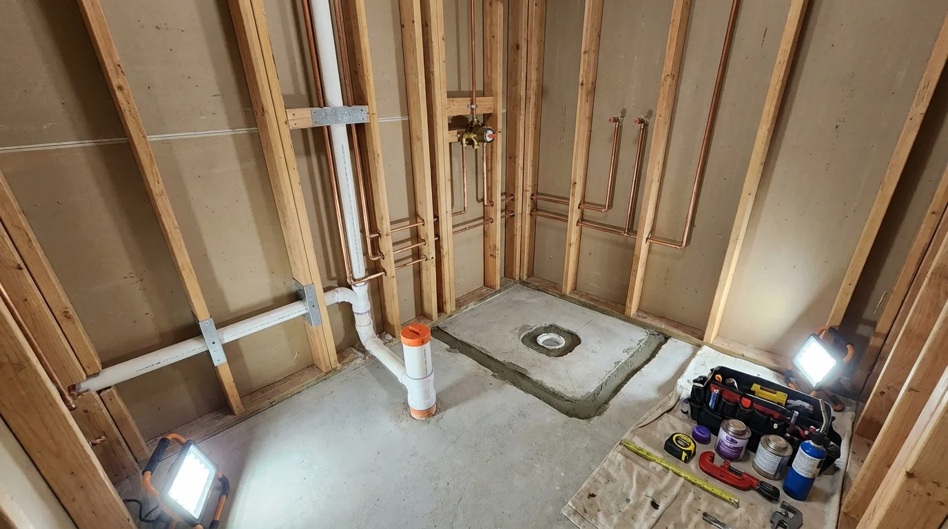 Bathroom rough-in plumbing during remodel by Johns Plumbing LLC in Coalville