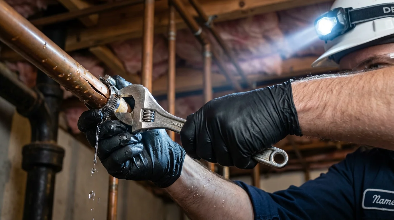 Emergency pipe clamp repair being performed by a Johns Plumbing LLC plumber in Coalville