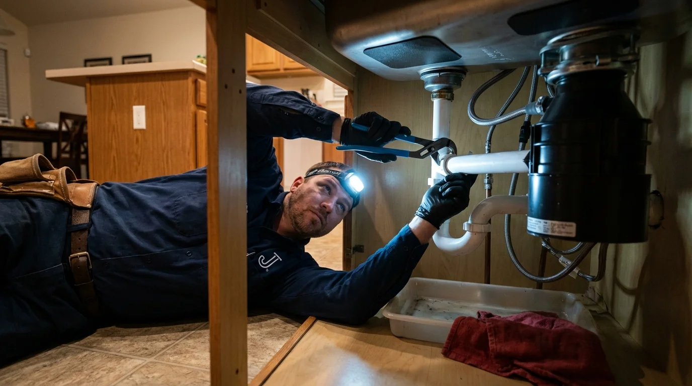 P-trap and supply line connections under a kitchen sink showing a common leak point in Coalville, UT